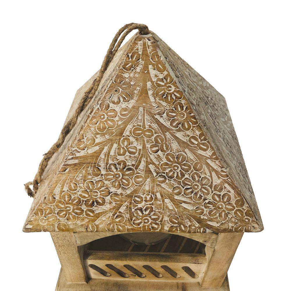 The Urban Port Brown Floral Engraved Decorative Temple Top Mango Wood Hanging Bird House with Feeder