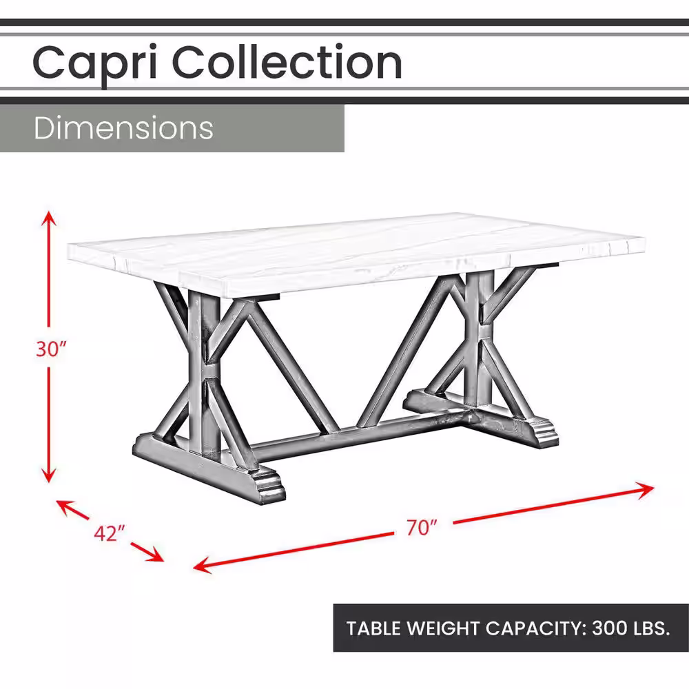 Hanover Capri 7-Piece Dining Set with Linen Side Chairs, Natural Marble Table Top and Wood Trestle Base