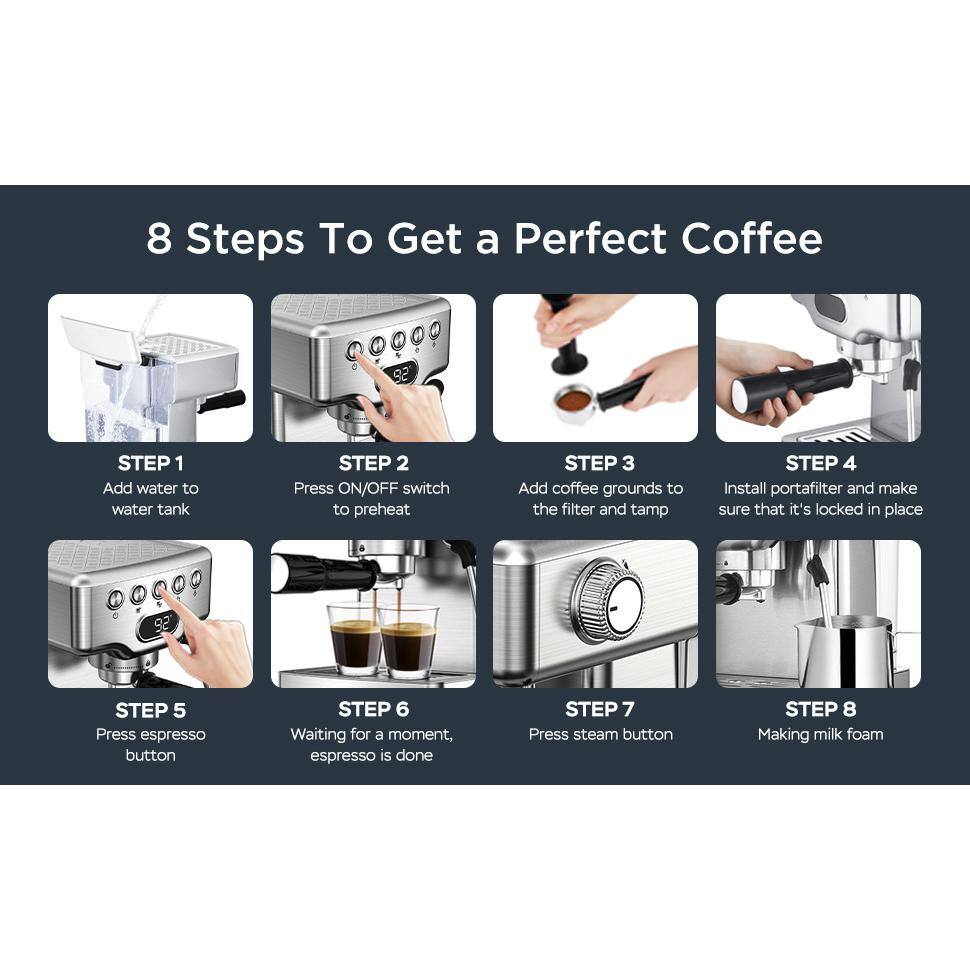 None 2- Cup Silver 20 Bar Espresso Machine with Milk Frother, 1.8L Water Tank, Stainless Steel