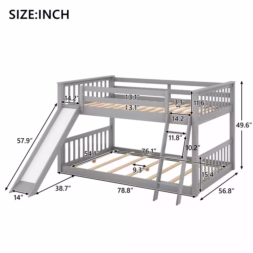 Harper & Bright Designs Classic Gray Full over Full Wooden Bunk Bed with Convertible Ladder and Slide