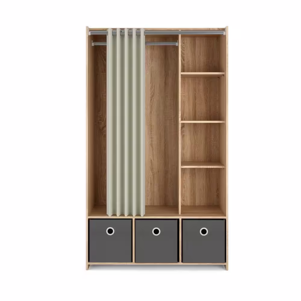 Tvilum Lola Oak Structure/Natural Fabric/Grey Textile Armoire with 3-Bins and Curtain 71.02 in. H x 41.34 in. W x 19.00 in. D