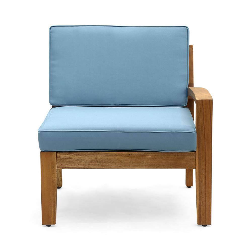 Noble House Grenada Teak Brown 5-Piece Acacia Wood Patio Conversation Sectional Seating Set with Blue Cushions