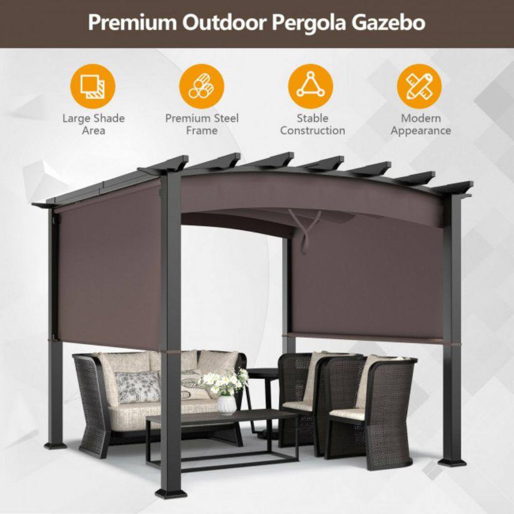 None 120 in. x 120 in./10 ft. x 10 ft. Coffee Steel Patio Pergola Gazebo with Removable and Retractable Shade Canopy