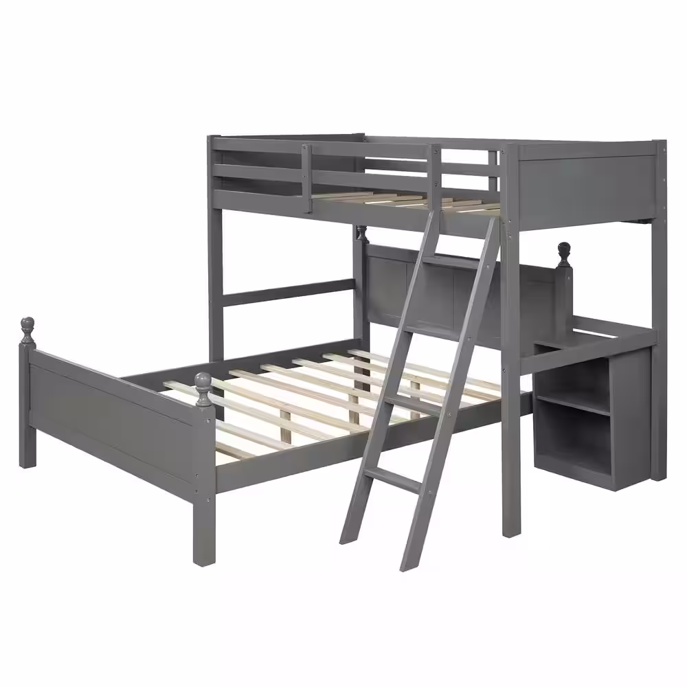 Harper & Bright Designs Gray Twin Over Full Loft Bed with Cabinet