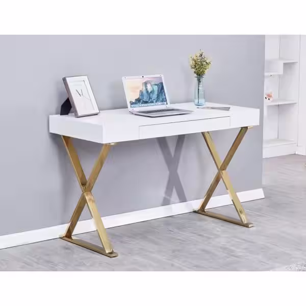 None 47 in. Rectangular White Modern Computer Desk, Gold