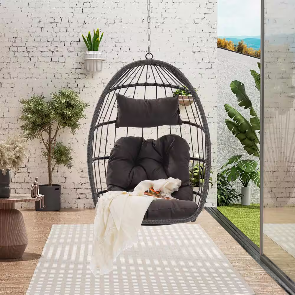 None 2.38 ft. Outdoor Wicker Egg Hanging Hammock Chair with Cushion in Dark Gray