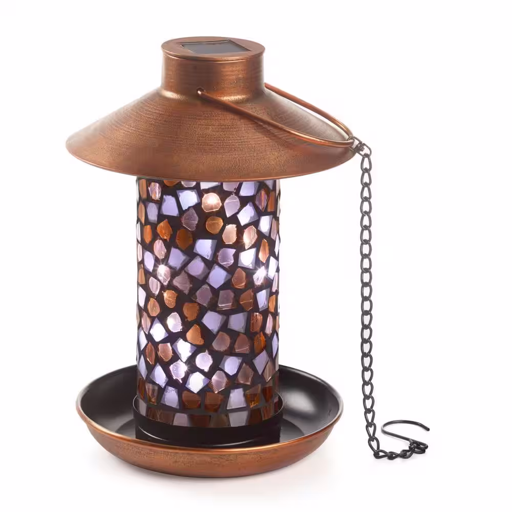 Smart Solar Adelie Mosaic Glass and Distressed Copper Bird Feeder with Integrated LED Solar Powered Light