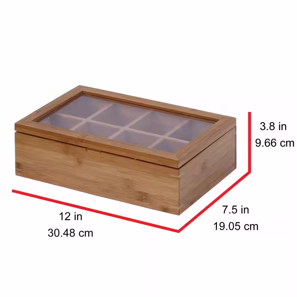 Oceanstar 8-Compartment Bamboo Tea Box with Hinged Lid