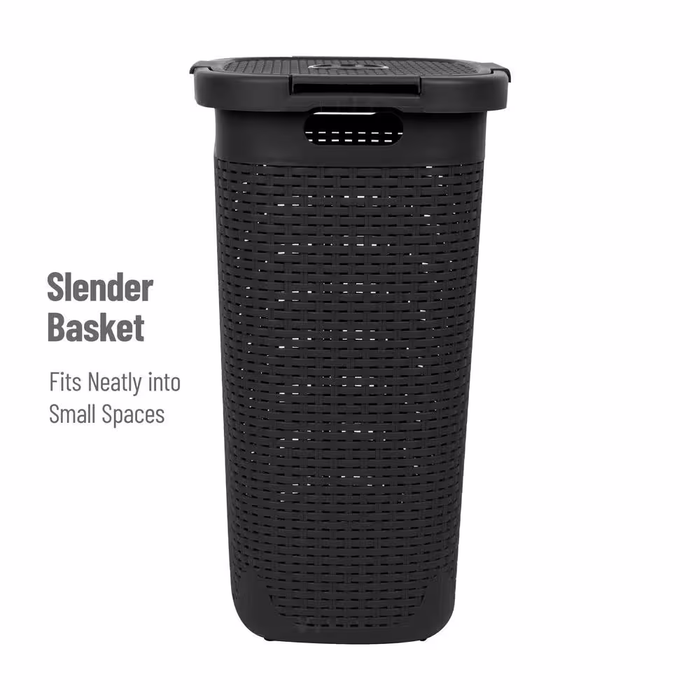 Mind Reader Basket Collection 60 Liter (15kg/33lbs) Capacity Laundry Hamper, Cut Out Handles, Attached Hinged Lid, Black
