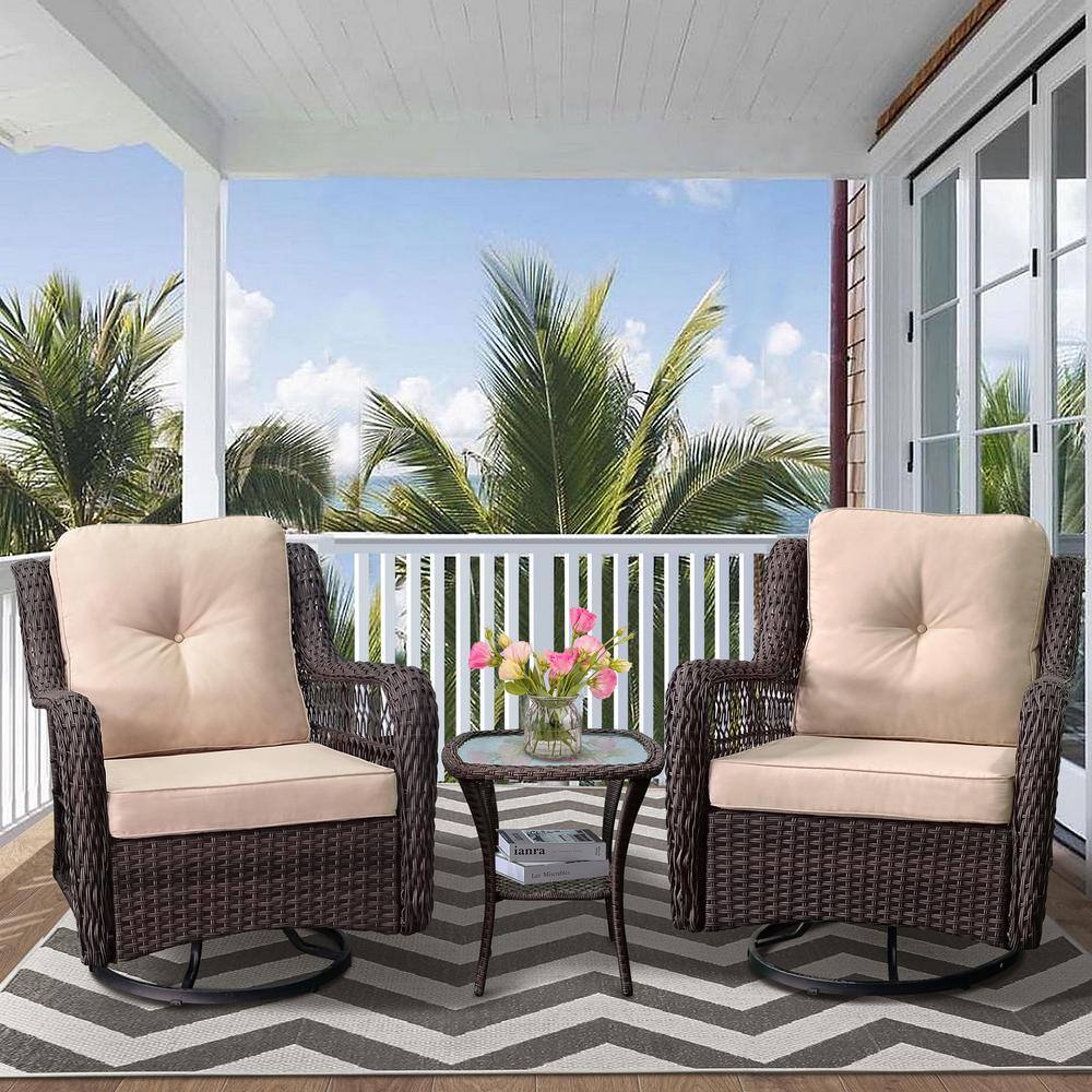 Anvil 3-Piece Wicker Outdoor Bistro Set with Khaki Cushions 360Â° Swivel Rocker Chair, Tempered Glass Top Side Coffee Table
