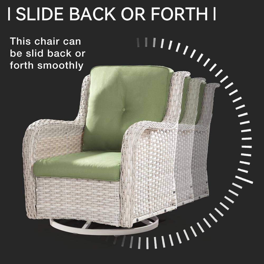 None 3-Piece Gray Wicker Patio Conversation Set Swivel Rocking Chair with Green Cushions and Table