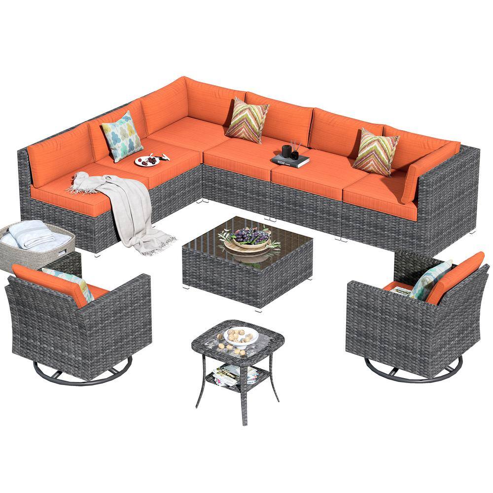 HOOOWOOO Messi Grey 10-Piece Wicker Patio Conversation Sofa Seating Set with Swivel Rocking Chairs and Orange Red Cushions
