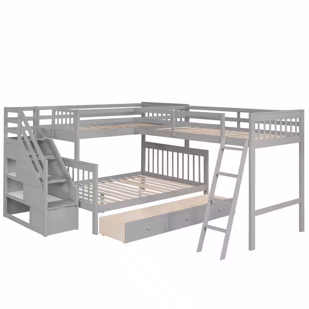 Qualler Gray Twin Over Full L-Shaped Bunk Bed With 3-Drawers and Staircase