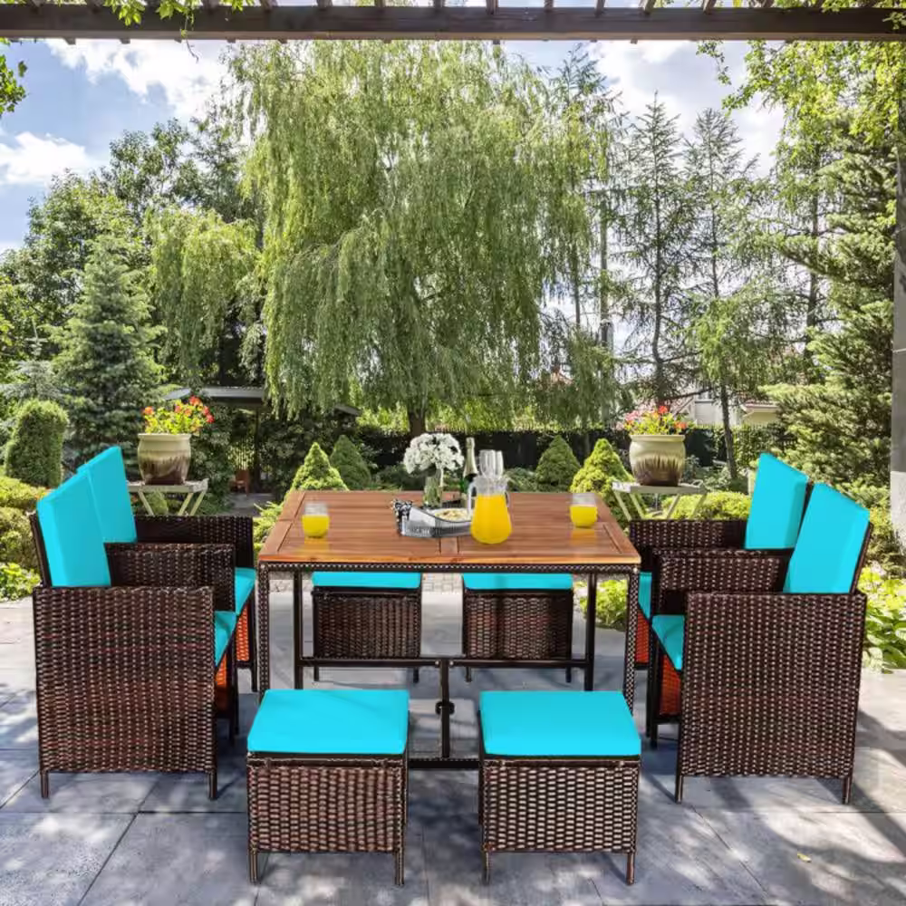 Clihome 9-Piece Wicker Outdoor Dining Set Patio Rattan Chairs Set with Turquoise Cushions and Acacia Wood Tabletop