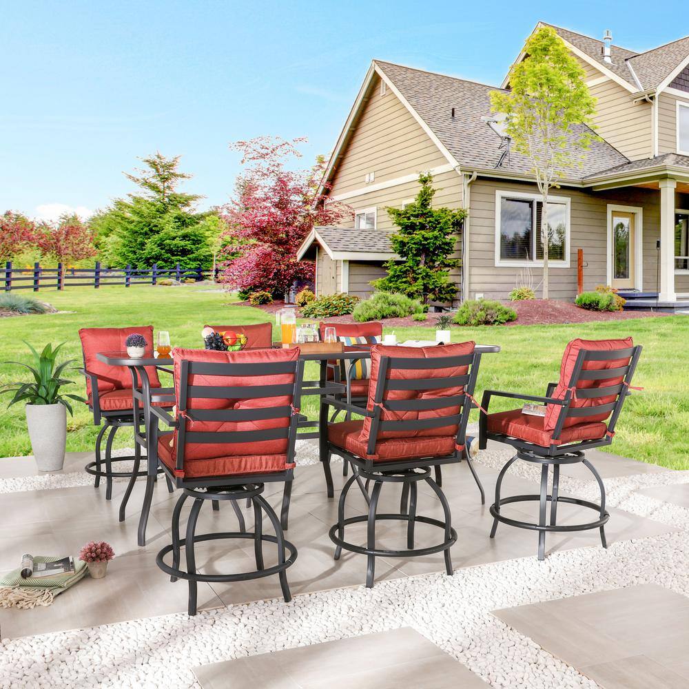 Patio Festival 9-Piece Metal Bar Height Outdoor Dining Set with Red Cushions