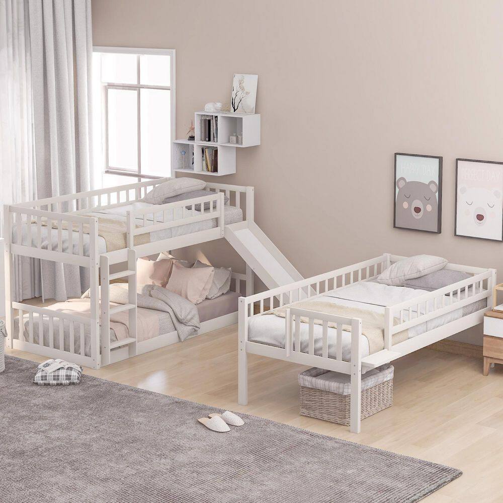 Harper & Bright Designs White Twin Triple Bunk Bed with Built-in Ladder and Slide