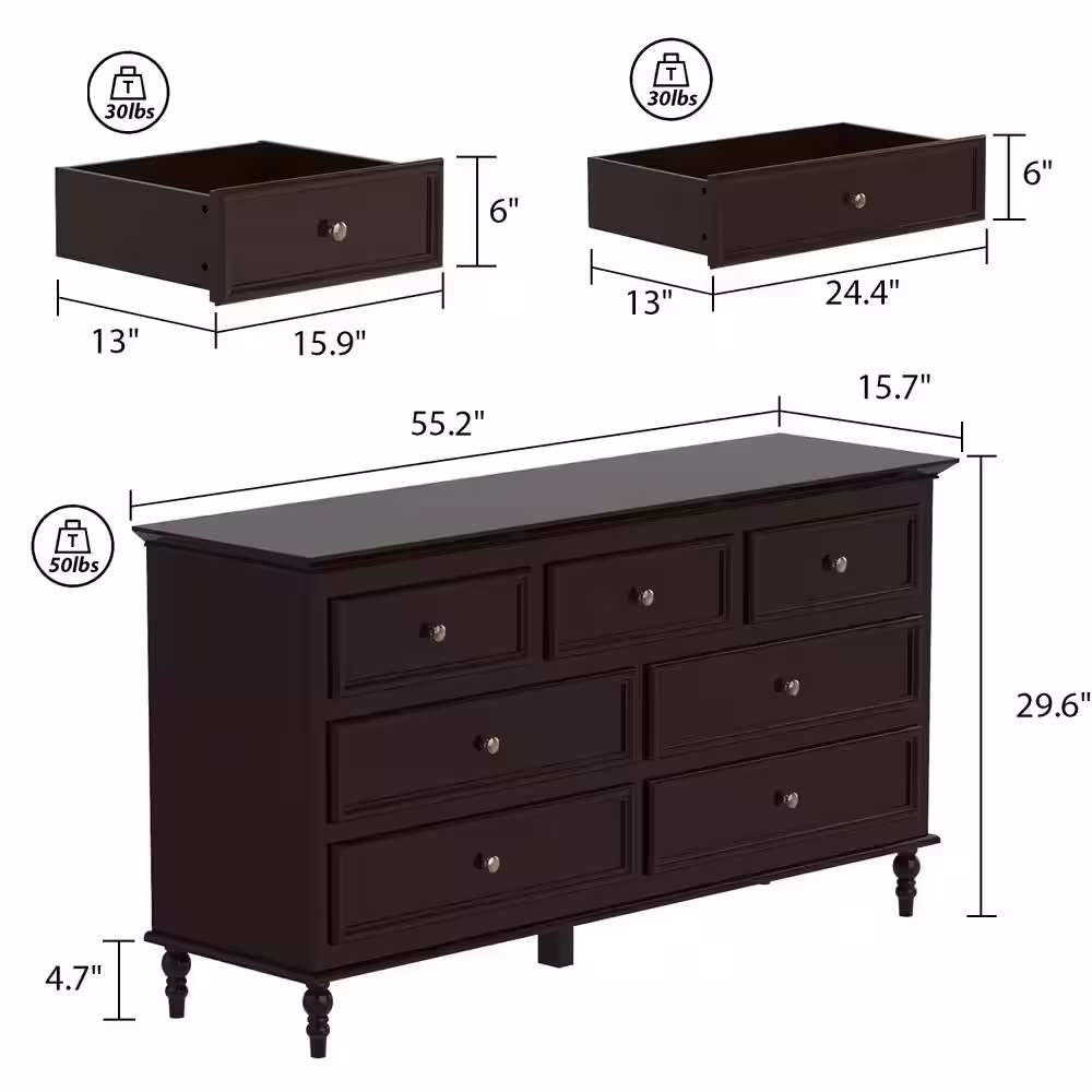 None 7-Drawer Brown Dresser Vanity Table Cupboard 29.6 in. H x 55.2 in. W x 15.7 in. D