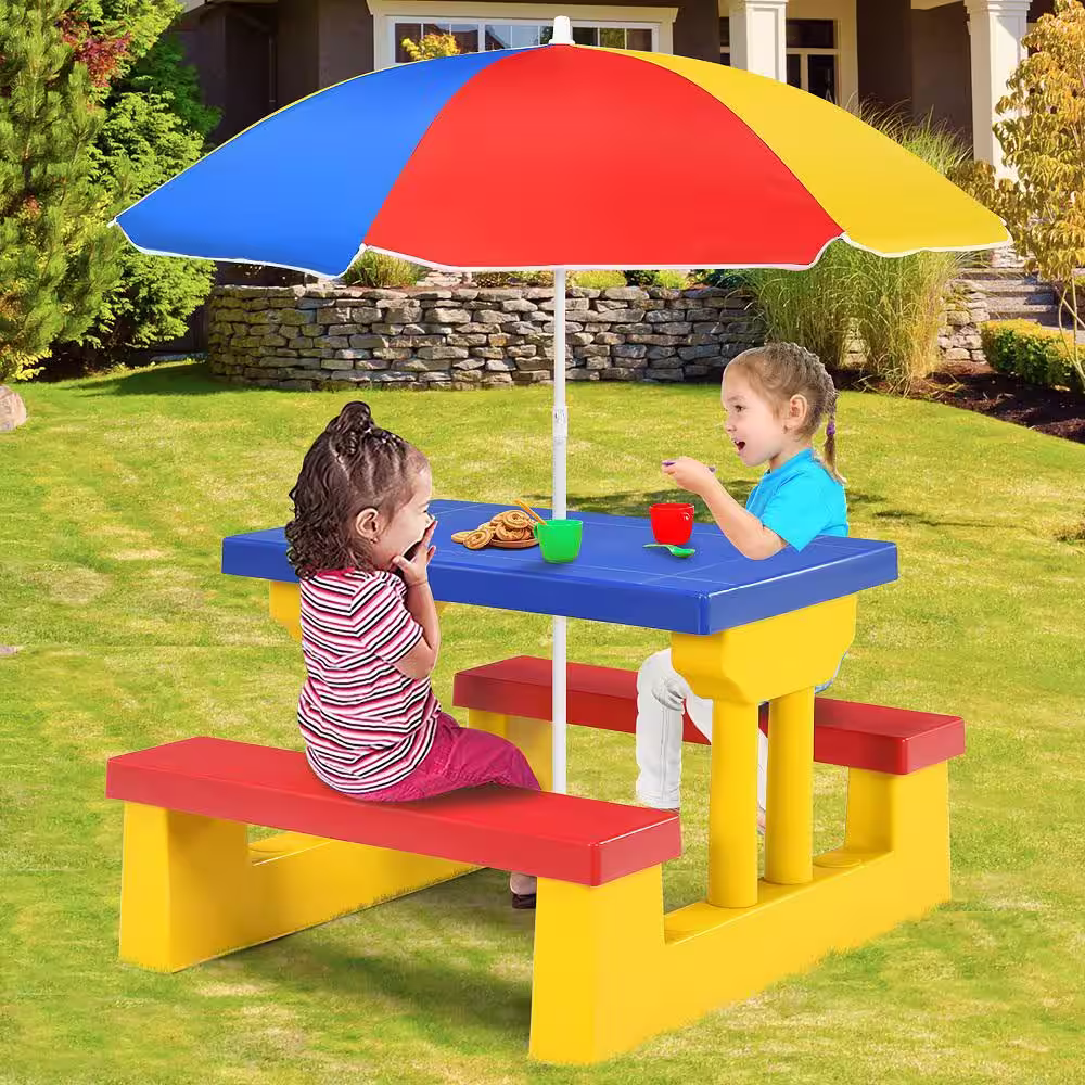 Costway Kids Picnic Table Set with Removable Umbrella Indoor Outdoor Garden Patio