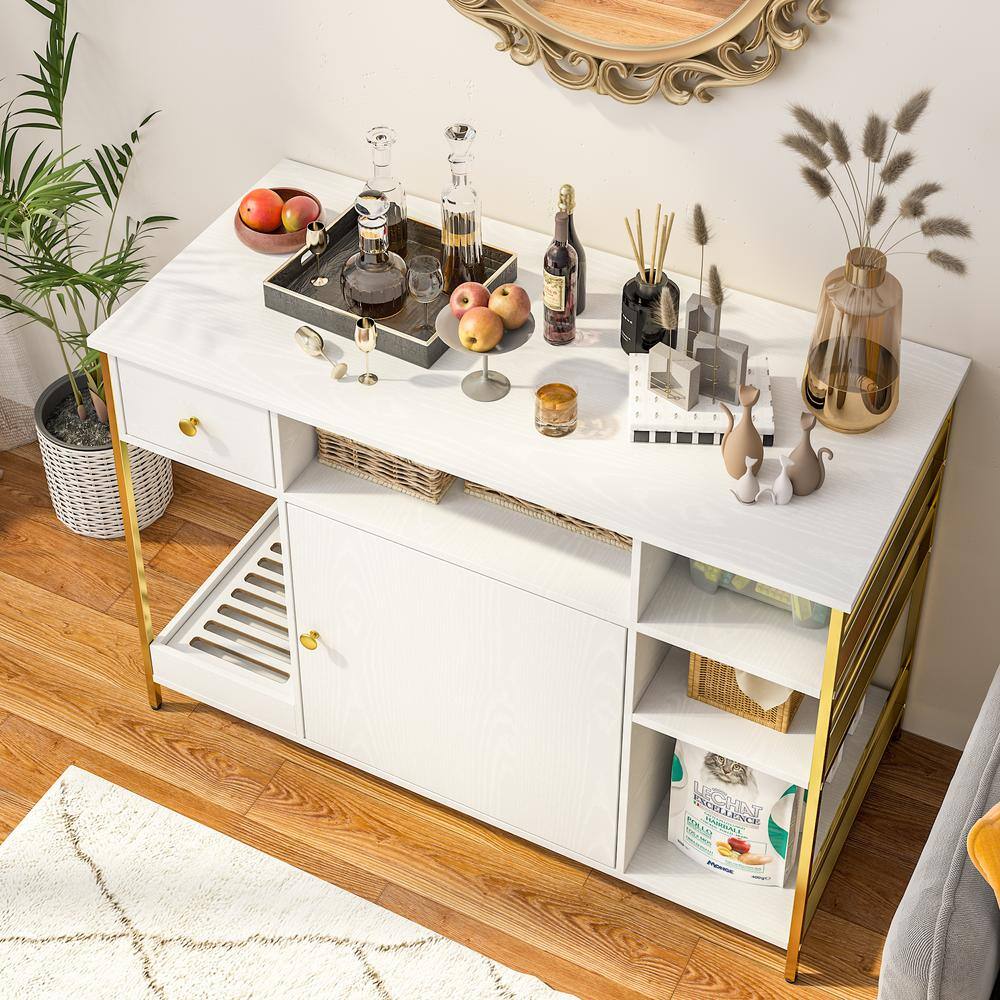 None 6 in 1 White Cat Hidden Litter Box with Drawer and Shelves, Wood Cat Litter Box Enclosure Furniture with Litter Catcher