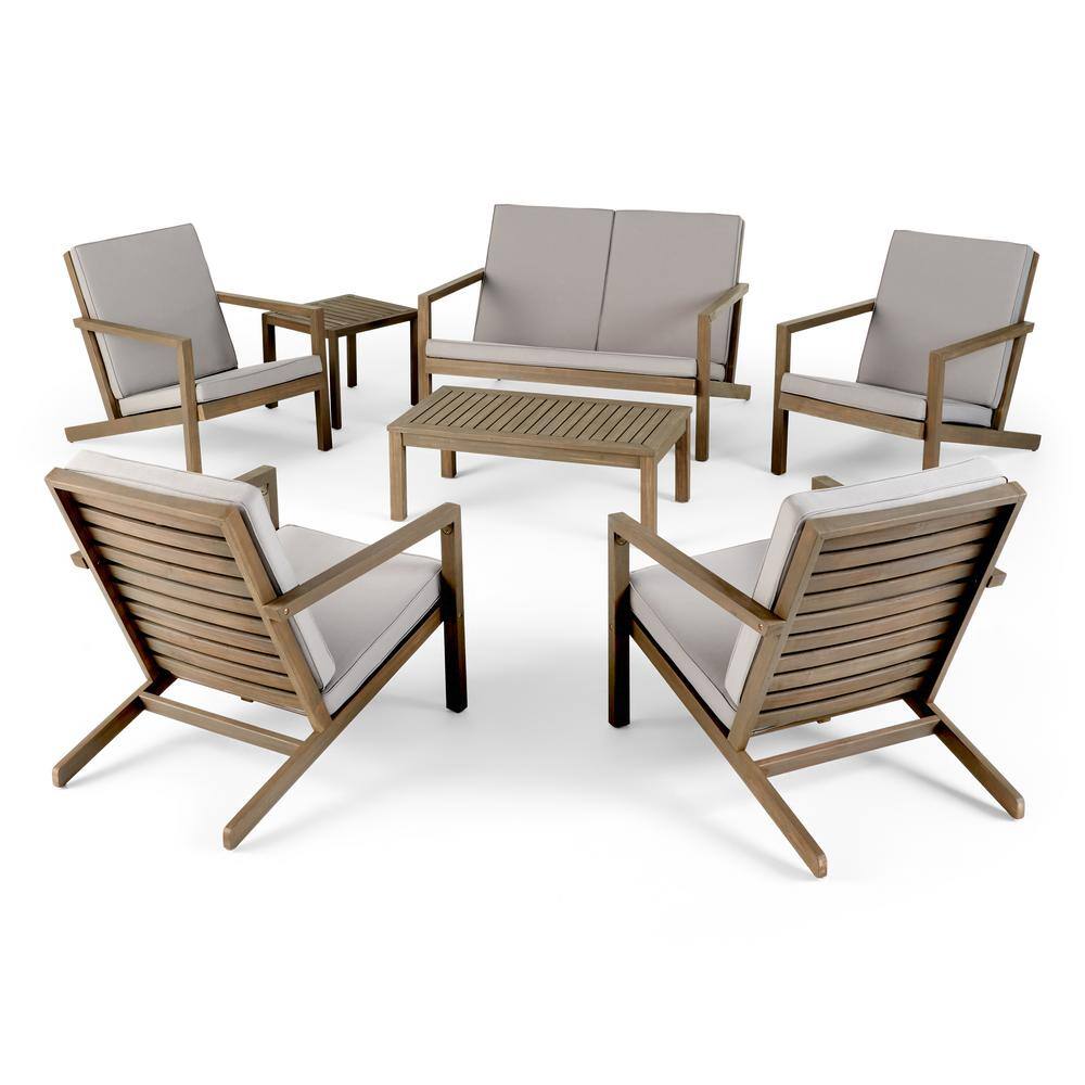 Noble House Leah Grey 7-Piece Wood Patio Conversation Seating Set with Grey Cushions