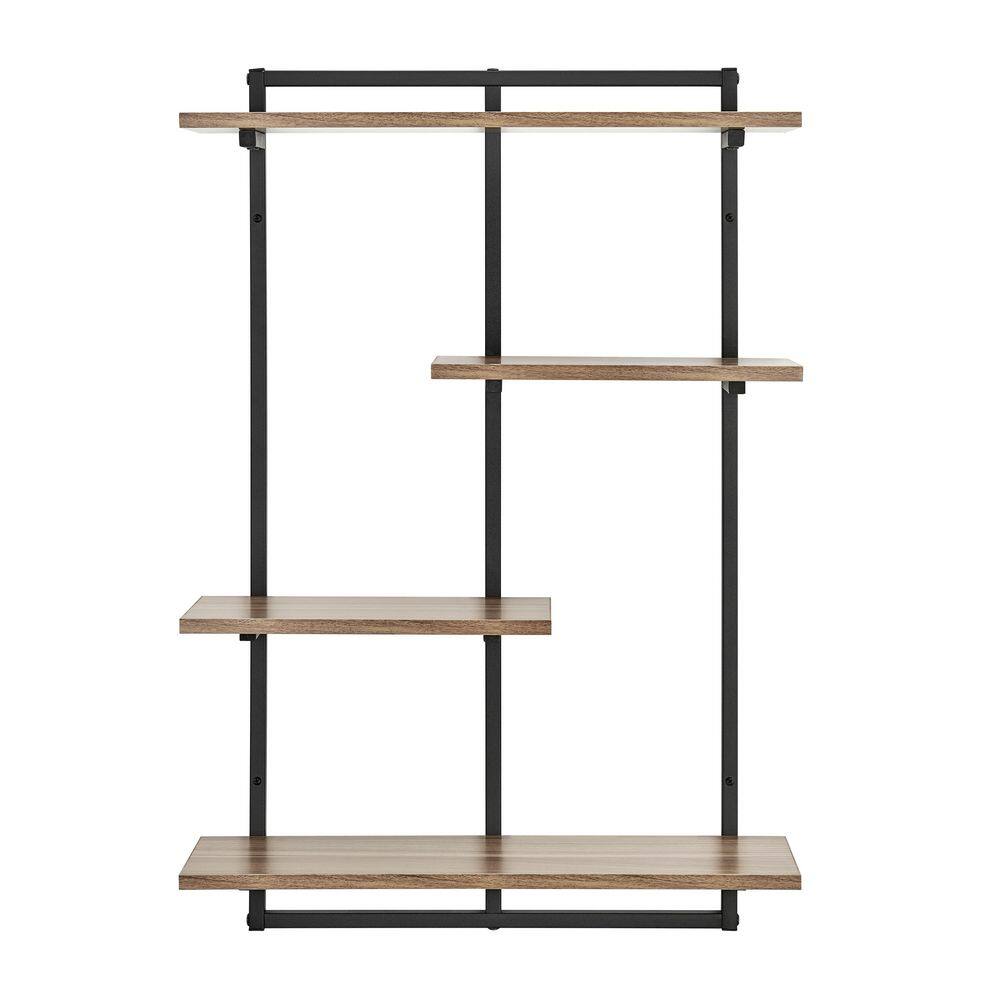 DANYA B Rhodes 34.5 in. 4-Tier Windowsill Wall Shelf with Black Metal Frame and Light Walnut MDF Shelves