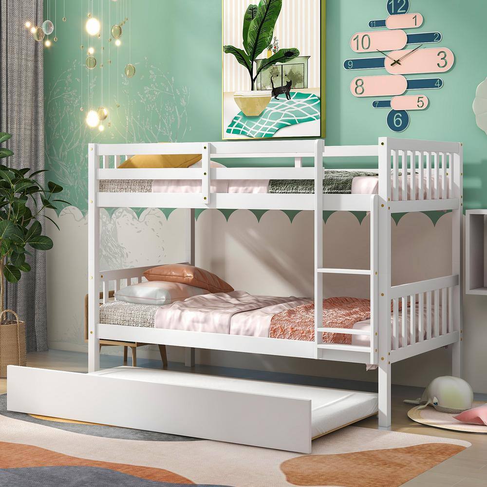 ANBAZAR White Solid Wood Twin Bunk Bed with Trundle, Convertible Kids Bunk Bed with Built-in Ladders and Safety Rail