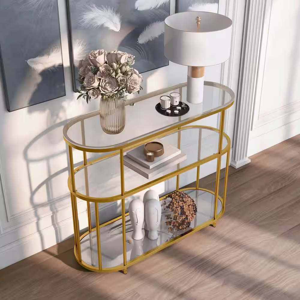 Furniture of America Harmark 42 in. Gold Coating Specialty Glass Top Console Table