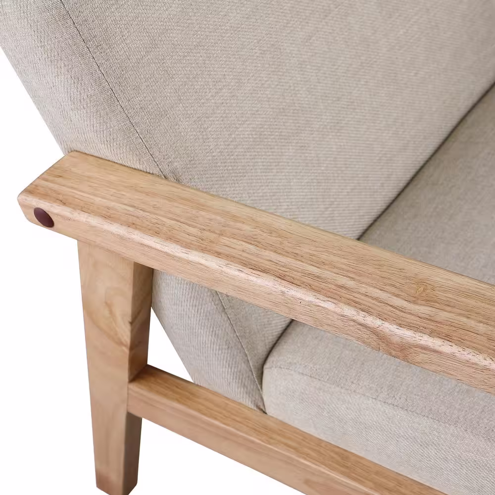 None Beige Mid Century Arm Chair with Wood Frames Linen Upholstered