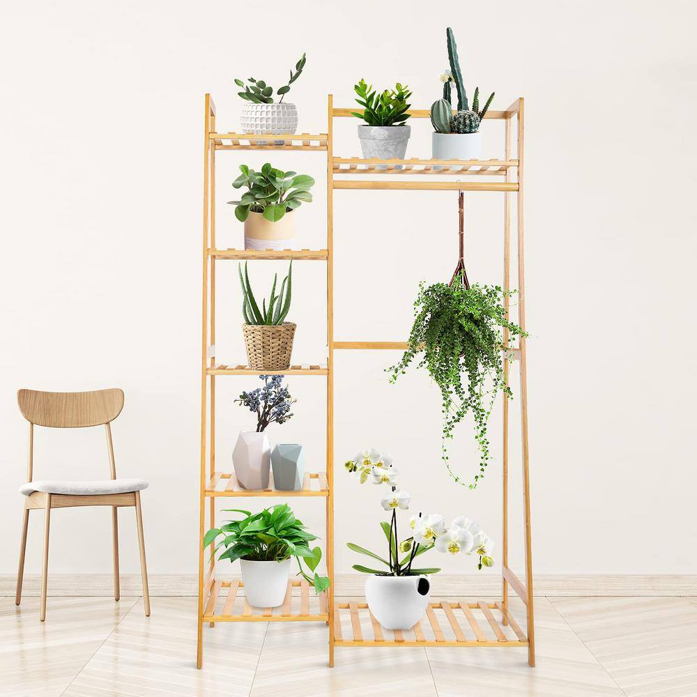 None Brown Bamboo Garment Clothes Rack with 5 Shelves 32 in. W x 55 in. H