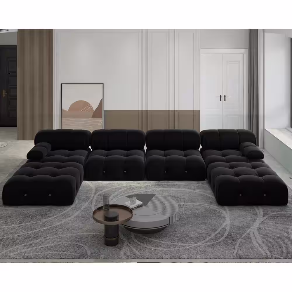 J&E Home 138.6 in. W Square Arm 4-Piece U Shaped Velvet Free Combination Modular Sectional Sofa with Ottoman in Black