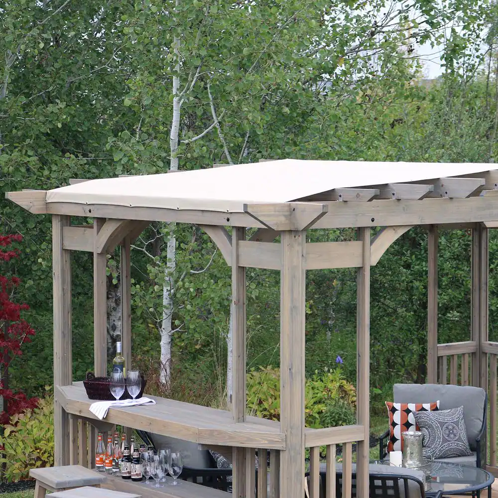 Yardistry Madison 10 ft. x 14 ft. Timber Gray Cedar Wood Backyard Patio Pergola including UV Sun Shade, Counter and Serving Bar