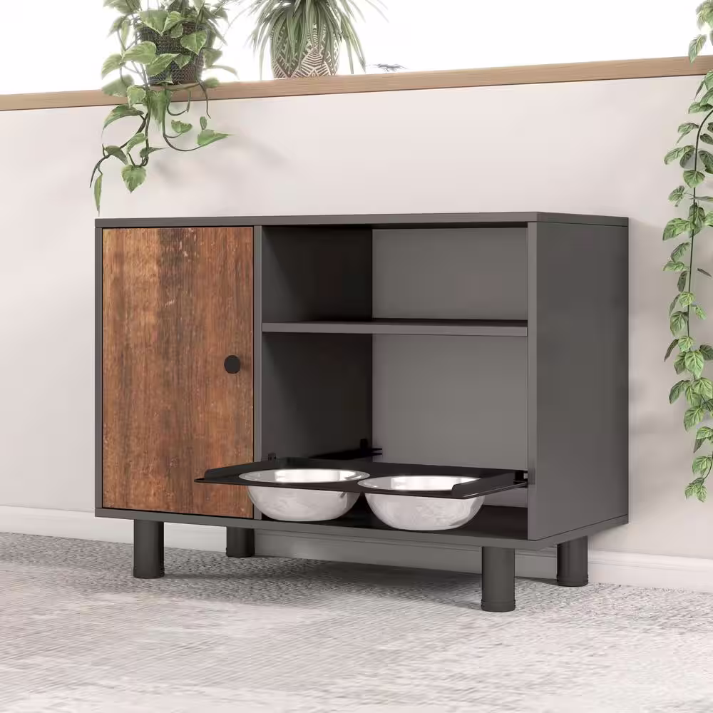 None Large Dog Food Storage Cabinet Pet Feeder Station Stainless Double Pull Out Raised Dog Bowls Feeding Watering Supplies