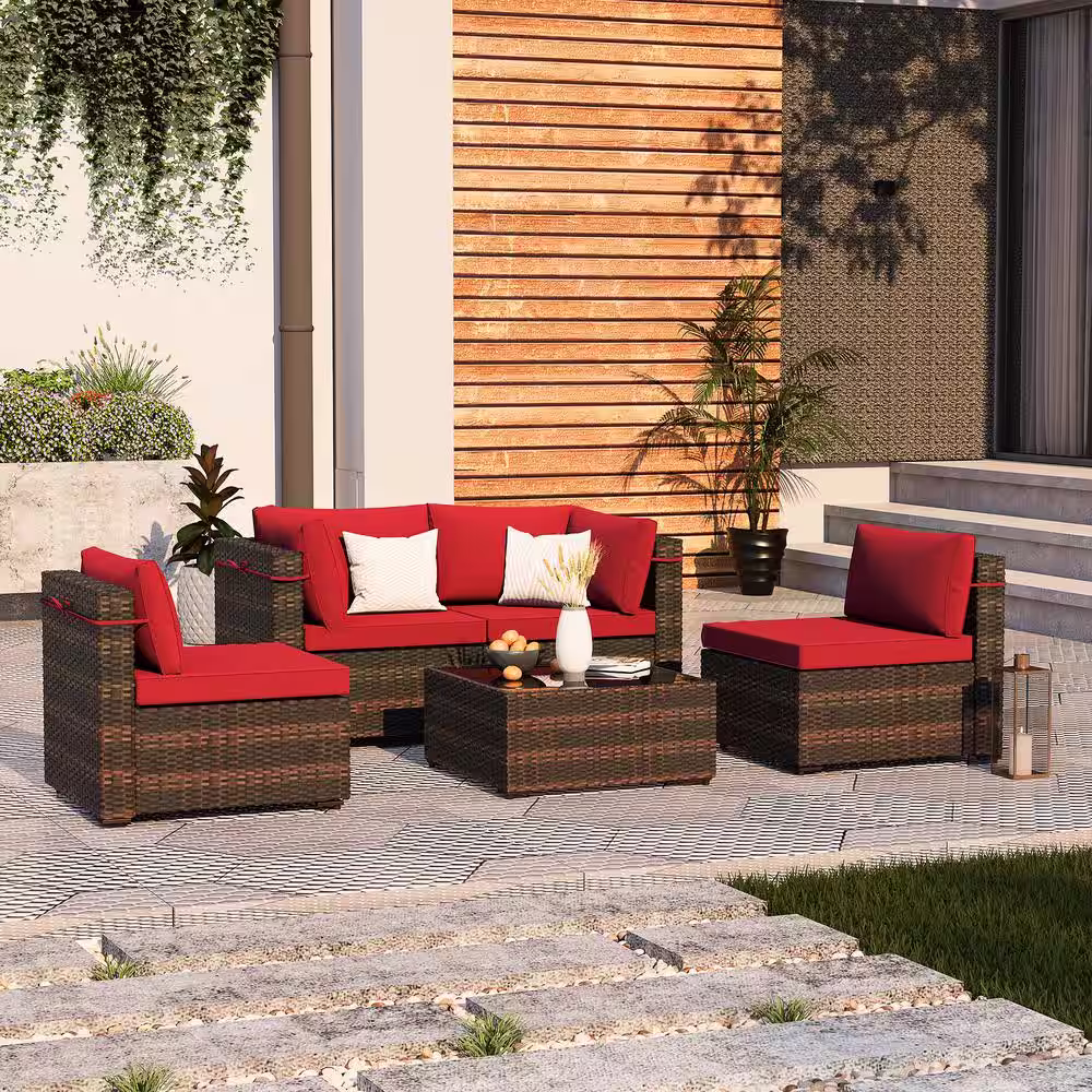 None 5-Piece Wicker Patio Conversation Sectional Seating Set with Red Cushions