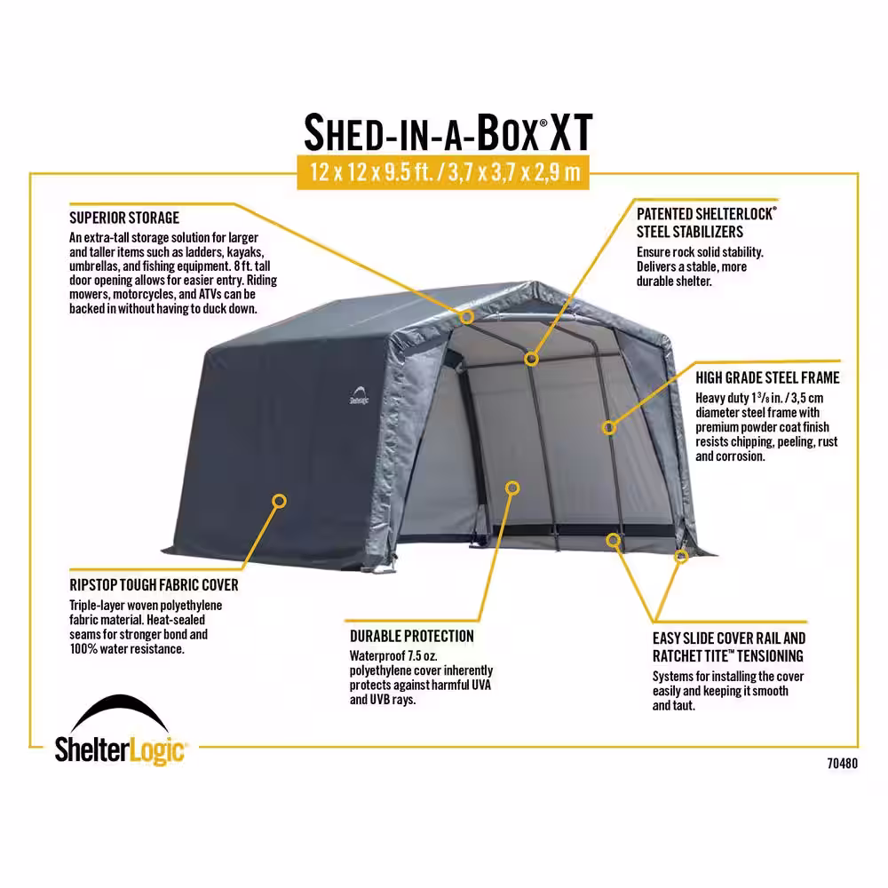 ShelterLogic 12 ft. W x 9.5 ft. H x 12 ft. D Grey Peak Style Shed-in-a-Box XT with Steel Frame and Patented Stabilizers