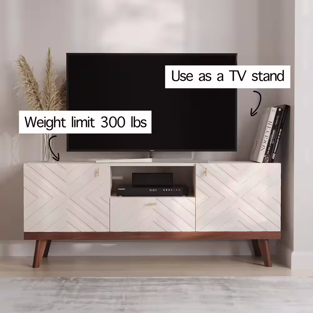 None Alba 59 in. Beige TV Stand with Drawer Fits TV's up to 65 in. with Cable Management and Wood Legs
