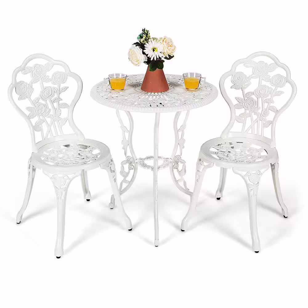Costway 3-Piece Metal Patio Bistro Furniture Set Rose Design Outdoor Bistro White