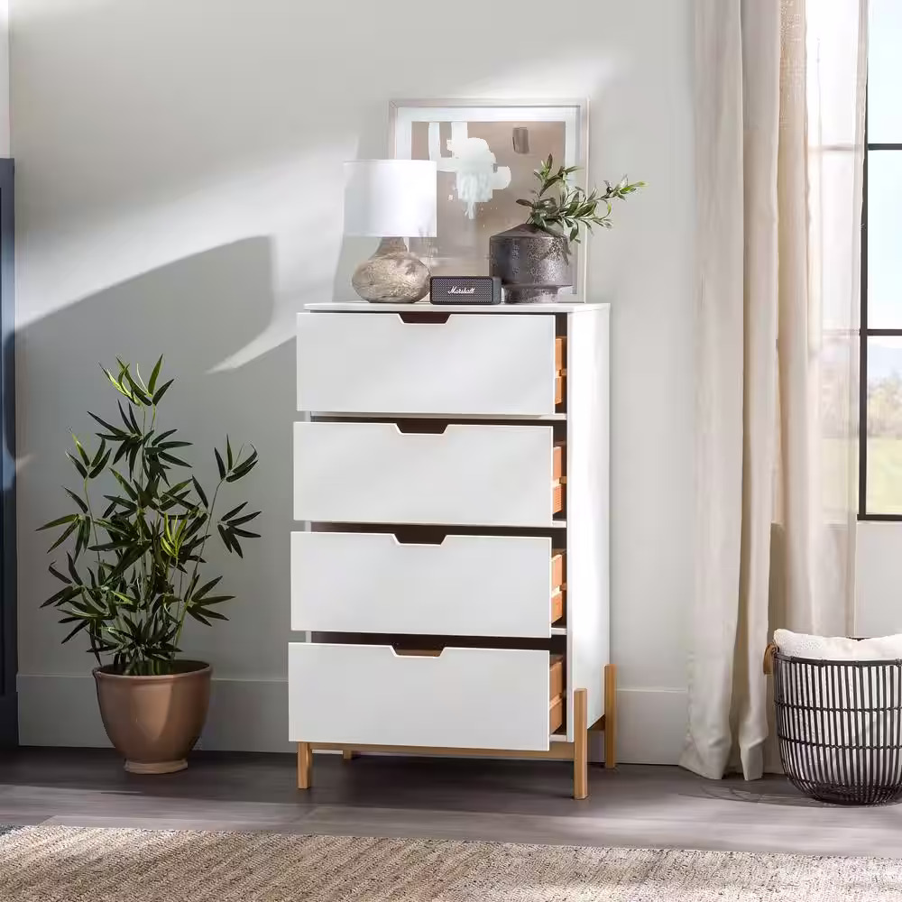 Welwick Designs 4-Drawer White Wood Modern Chest of Drawers with Contrasting Legs