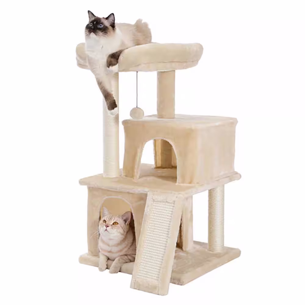 Foobrues Soft Cat Tower with Double Condos Scratching Posts and Trees in Beige