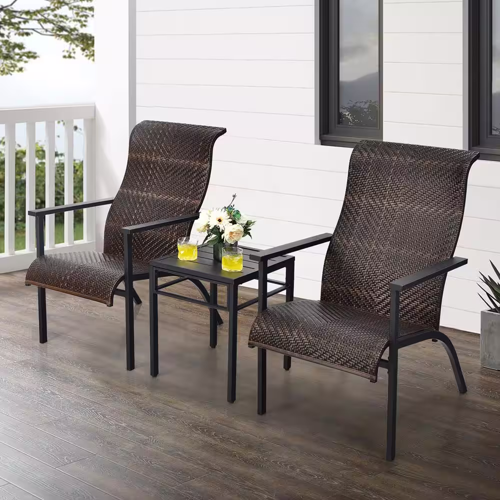 Costway 3 -Piece Patio Rattan Bistro Set High Backrest Armrest SideTable Mix Brown