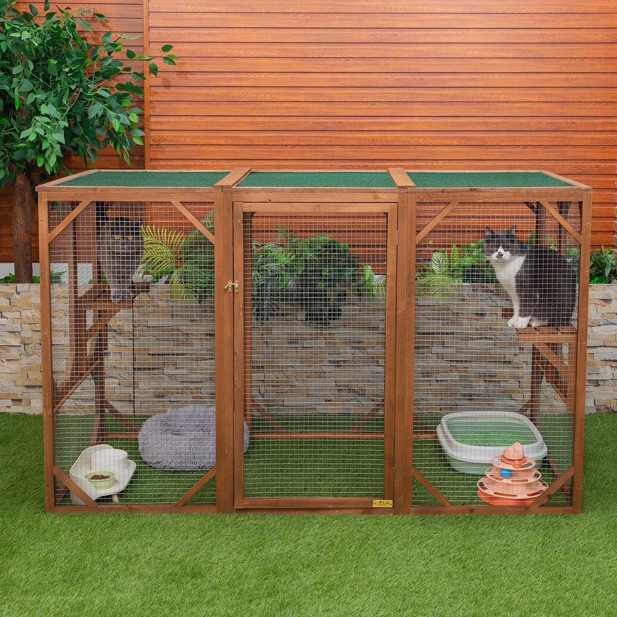 Coziwow Outdoor Cat House Enclosure Pet Cage Catio W/ Asphalt Roof, 3 Platforms, Gray