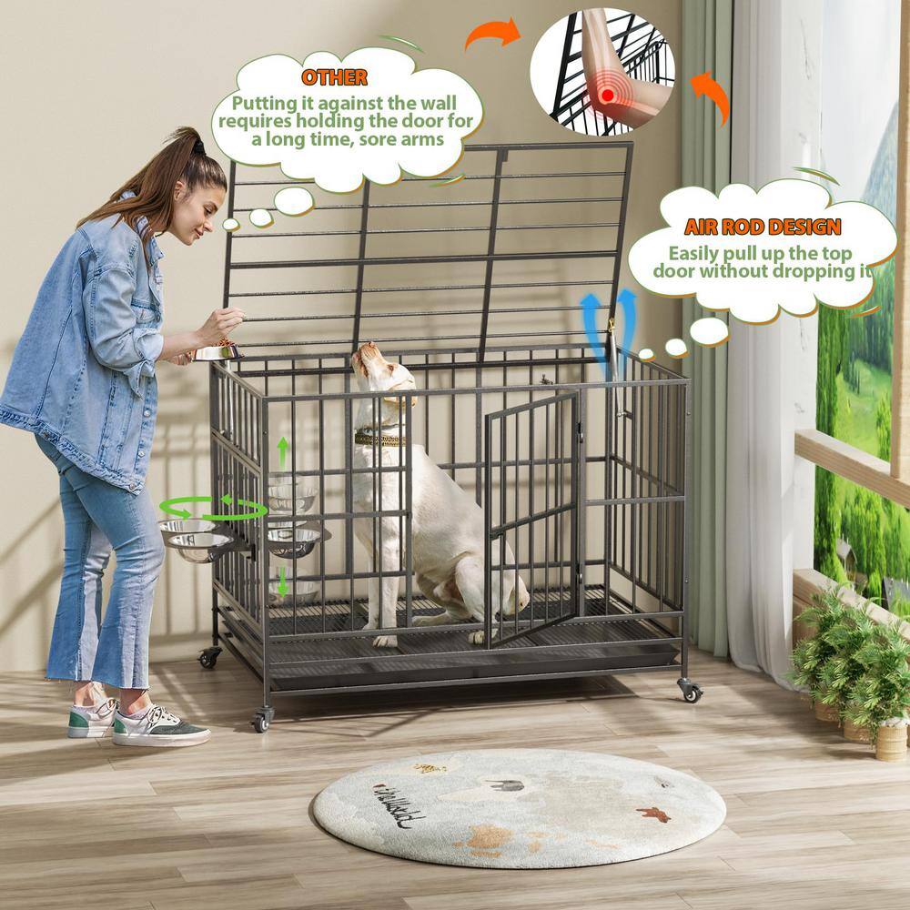 None 49 in. Heavy-Duty Dog Crate Cage Kennel with Wheels/360Â° and Adjustable 2 Alloy Bowls/Unique Air Lift Rod