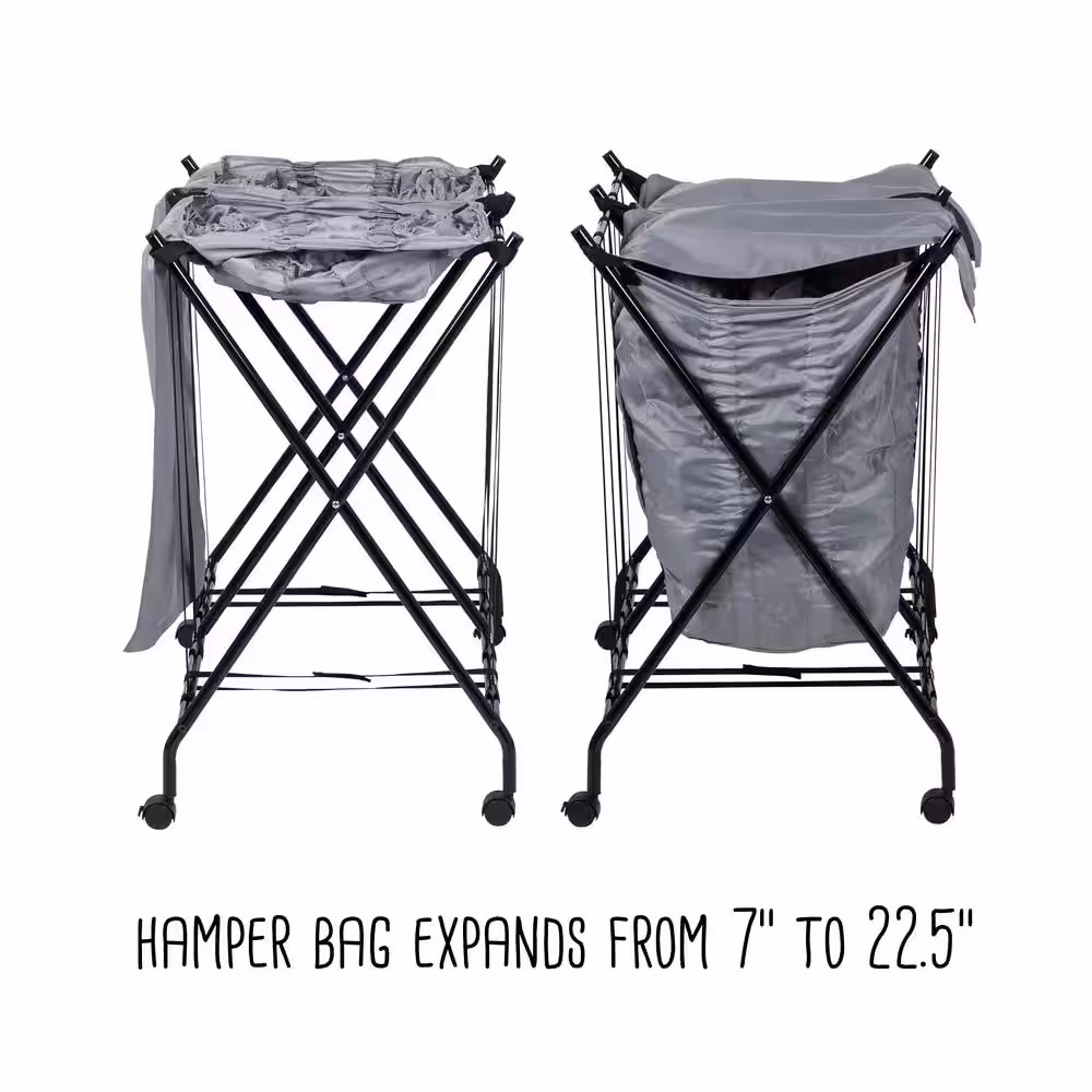 Honey-Can-Do Black/Gray Double Folding No Bend Laundry Hamper with Wheels