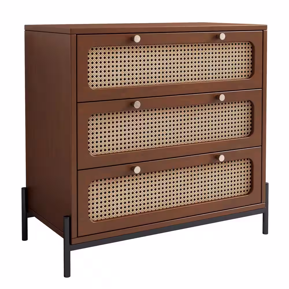 Harper & Bright Designs Walnut Modern Cannage Rattan Wood 3-Drawer 30 in. Wide Chest of Drawers