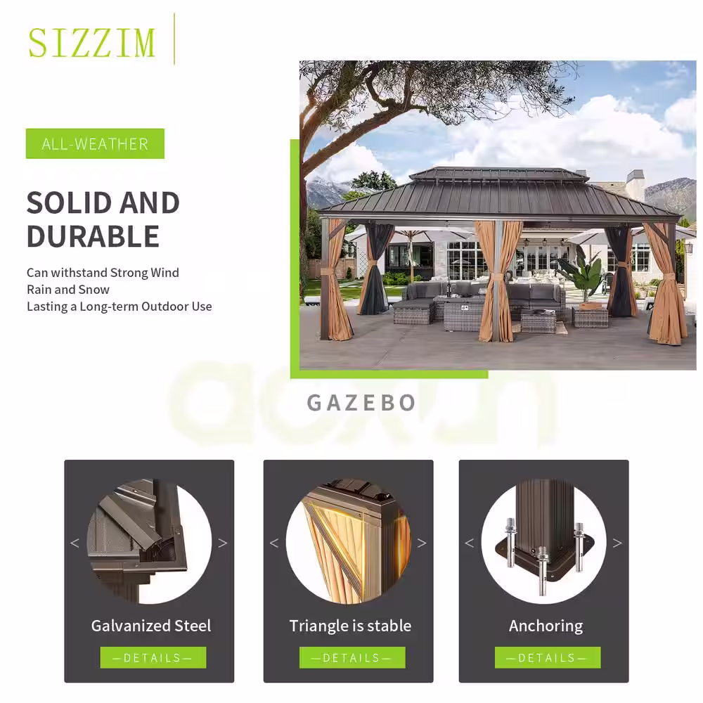 None 12 ft. x 20 ft. Hardtop Gazebo Double Roof Aluminum Frame with Privacy Curtain and Mosquito Net