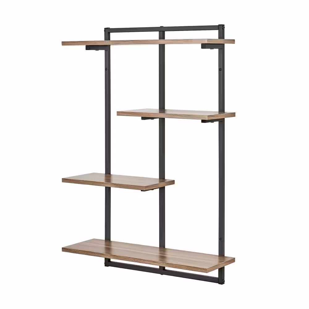 DANYA B Rhodes 34.5 in. 4-Tier Windowsill Wall Shelf with Black Metal Frame and Light Walnut MDF Shelves