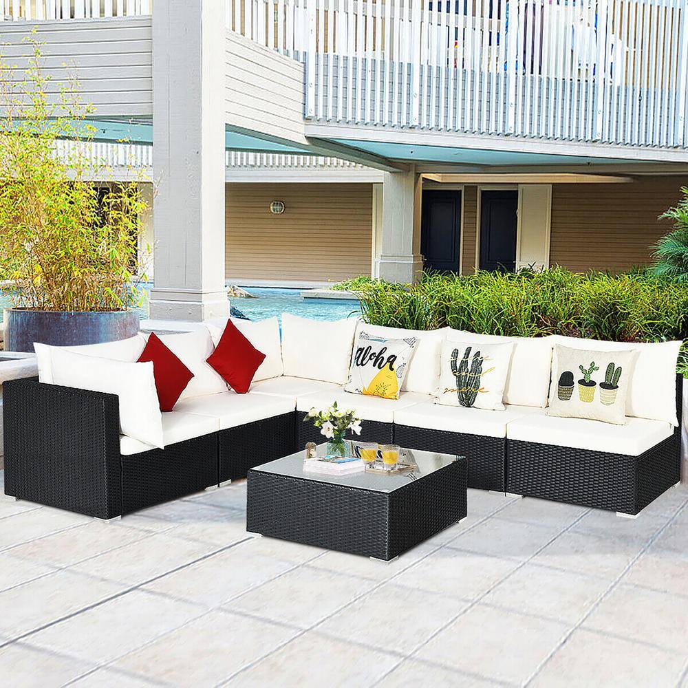 None 7-Piece Rattan Patio Conversation Sectional Furniture Set w/White/Navy Cushion Pillow