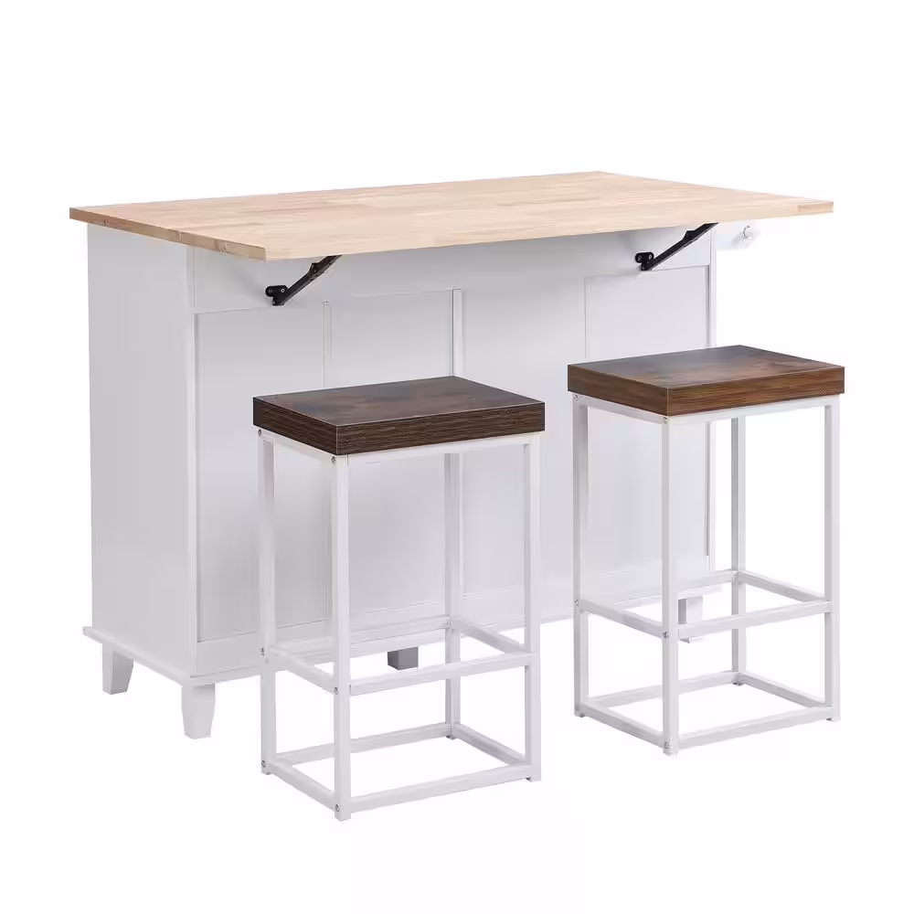 None White Drop Leaf Rubber Wood Tabletop 50.3 in. Kitchen Island with Stools