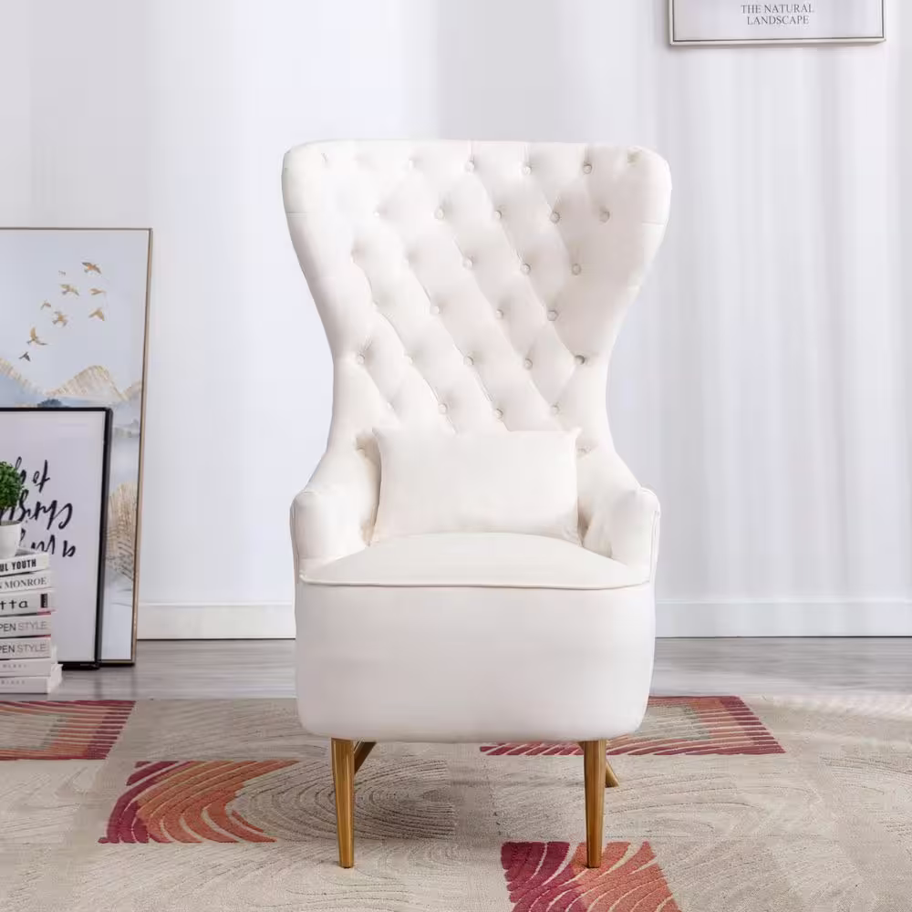 KINWELL Cream Upholstered Tufted Velvet High Wingback Chair