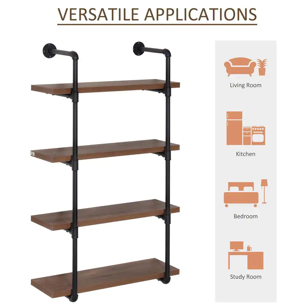 HOMCOM Modern 1.25 in. Rustic Brown 4-Tier Industrial Pipe Shelves Floating Wall Mounted Bookshelf Metal Frame Display Rack