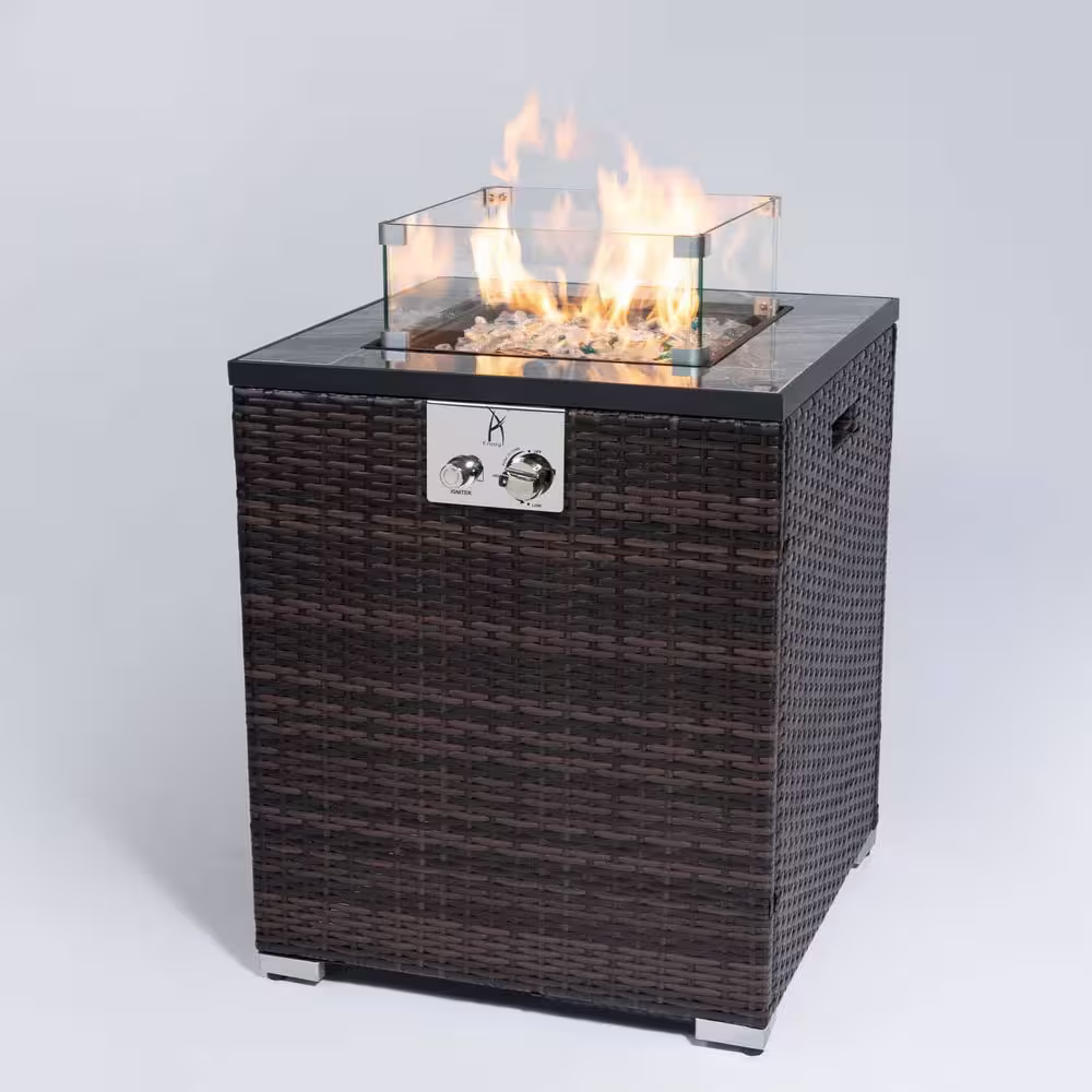 None Espresso Wicker Concrete 28 in. Outdoor Fire Pit Table Propane Fire Pit Patio Gas Fire pit